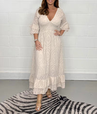 Veronica Kleid mit gerafften Ärmeln – Beige