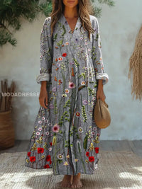 Elegantes Vintage Floral Art Print Midi Kleid mit V-Ausschnitt und lockeren langen Ärmeln – A