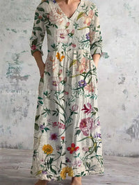 Retro Floral Art Print Elegant V-Neck Midi Dress with Three-Quarter Sleeves – A