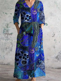 Chic Vintage Floral Art Print Midi Dress with V-Neck and Three-Quarter Sleeves – A