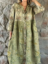Chic Vintage Bohemian Floral Print Midi Dress with V-Neck and Three-Quarter Sleeves – Grün
