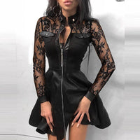 Jade Mini-Kleid | Sommerliches Leder-A-Linien-Kleid mit Reißverschluss – Schwarz Spitze