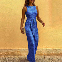 Sofia ärmelloser Jumpsuit | Moderner Clubwear-Jumpsuit mit Glitzer und offenem Rücken – Blau