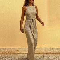 Sofia ärmelloser Jumpsuit | Moderner Clubwear-Jumpsuit mit Glitzer und offenem Rücken – Gold