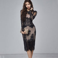 Iris Bleistiftkleid | Elegantes Vintage-Spitzenkleid mit langen Ärmeln für Damen – Schwarz