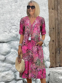 Damen Bedrucktes V-Ausschnitt A-Linien Midi-Kleid – Rosa