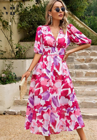 Damen V-Ausschnitt Blumen A-Linie Midi Kleid – Rosa