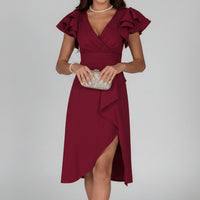 Florence | Elegantes Damen-Wickelkleid mit V-Ausschnitt und Rüschenärmeln – Tiefrot