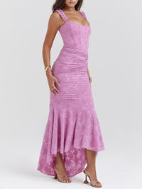 Rosie | Damen-Jacquardkleid mit Spitzenkorsett, Raffungen und Meerjungfrausaum – Lila-1