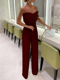 Heidi-Mode | Damen Jumpsuits Feder Bandeau Gürtel Jumpsuit – Vine_Rot